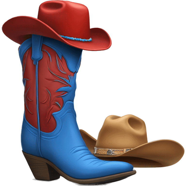 Tall blue and red cowboy boot with cowboy hat on top emoji