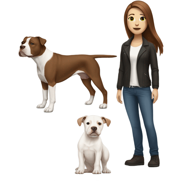 white woman with straight long brown hair standing alongside a white pitbull emoji