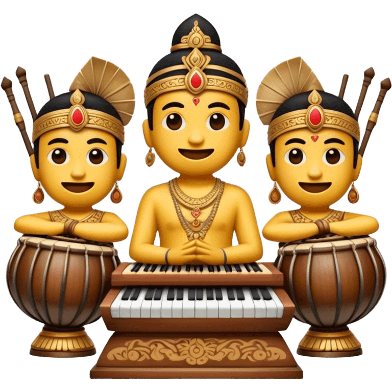 Cinematic Realistic Gamelan Pop Culture Emoji, depicted with an ensemble of traditional Indonesian instruments rendered with rich textures and rhythmic, cultural lighting. emoji