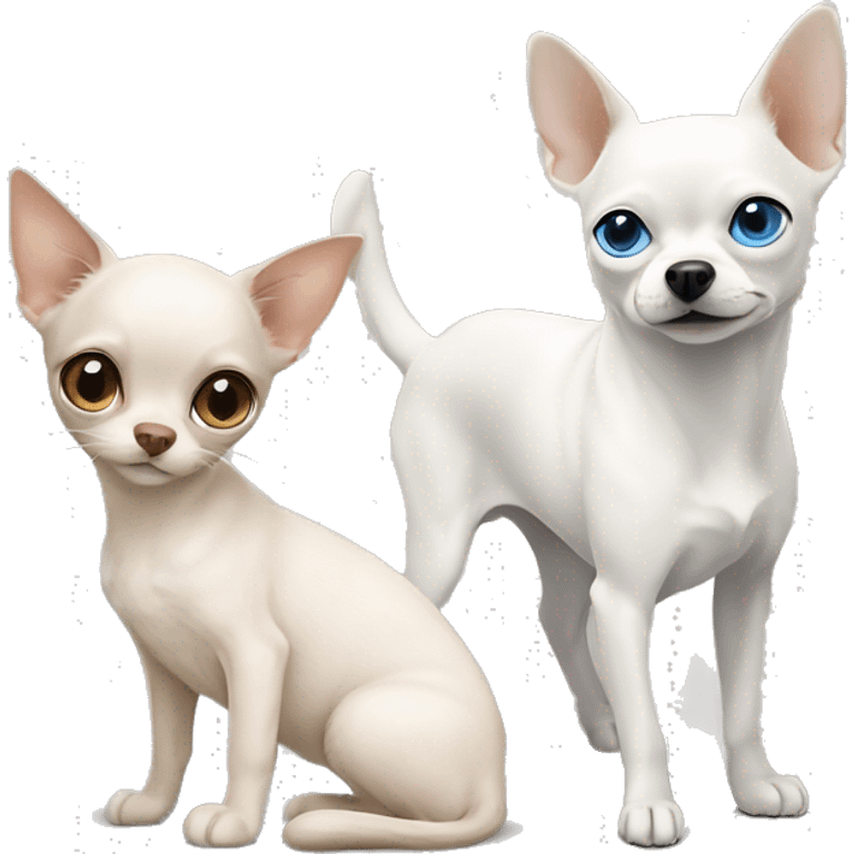 white cat blue eyes standing next to tan chihuahua with dark eyes  emoji