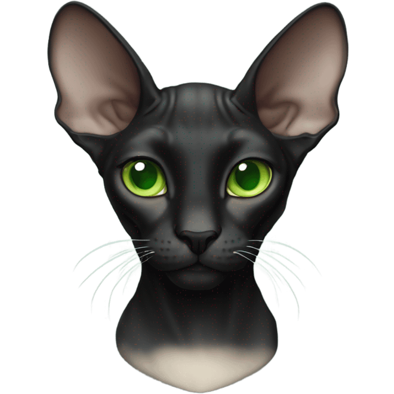 black sphinx cat with green eyes and a white spot on the nose emoji