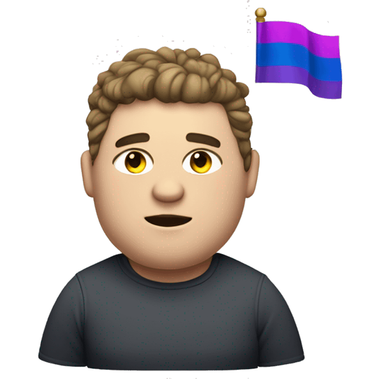 A chubby/muscular white man with half-slanted eyes and hair style with a parting on the left side holding the bisexual flag emoji