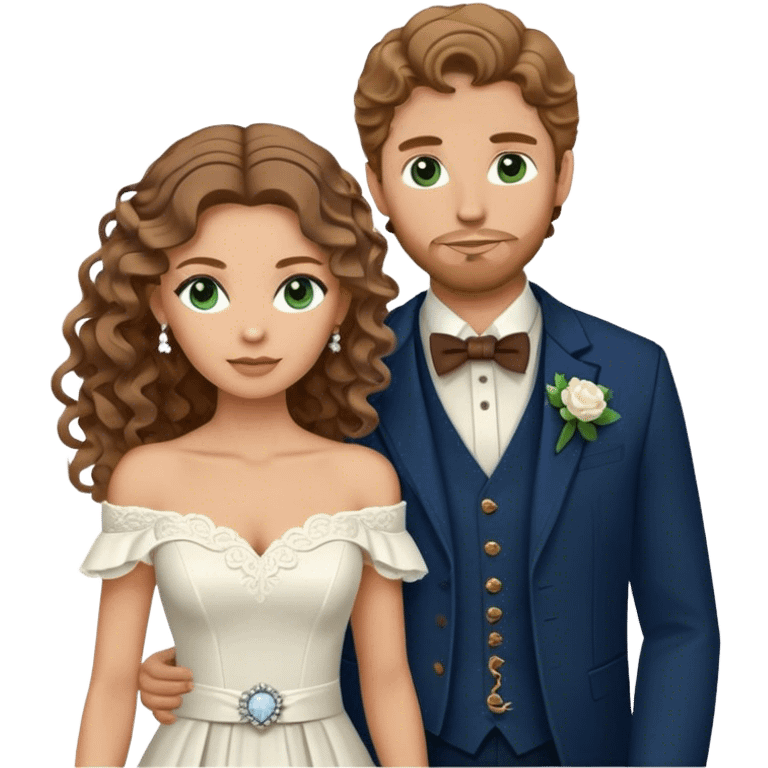 A bride and groom. Bride has brown hair with soft curls, has green eyes, wears an off shoulder dress. Groom has blond hair, dark blue eyes, wears a western suit with a brown vest and a bolo tie. emoji