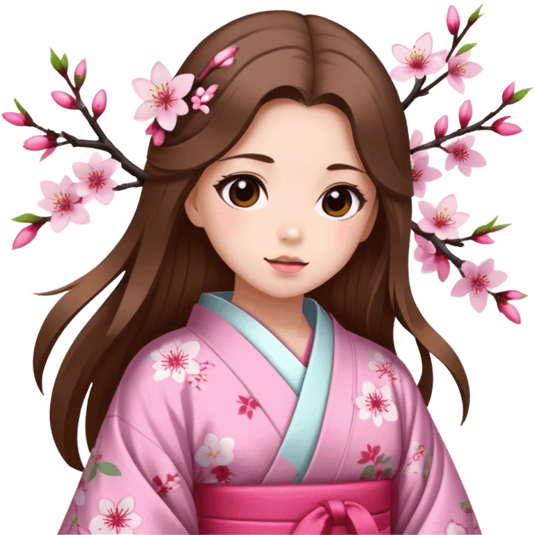 Girl with long brown hair wearing a kimono with cherry blossom patterns emoji