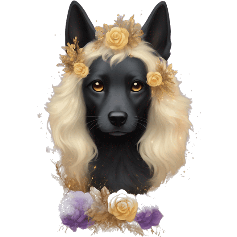 Black iridescent fluffy dog fox head zombie skeleton gold mechanical nebula galaxy stars flowers fairy lights vintage emoji