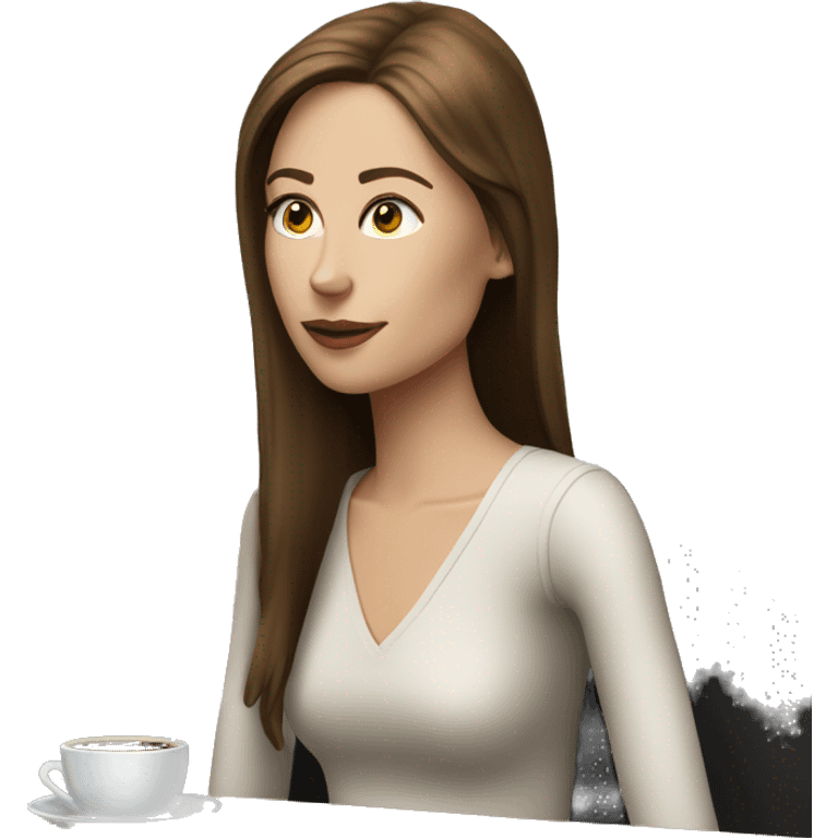 Side view realistic posh brown straight haired pale woman sits at the coffee table emoji