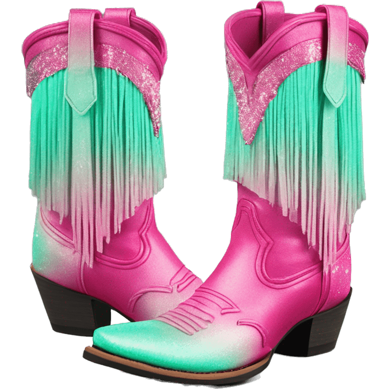 Realistic hot pink to mint green ombre pair of fashion cowgirl boots with sparkly shiny glitter fringe on them. emoji