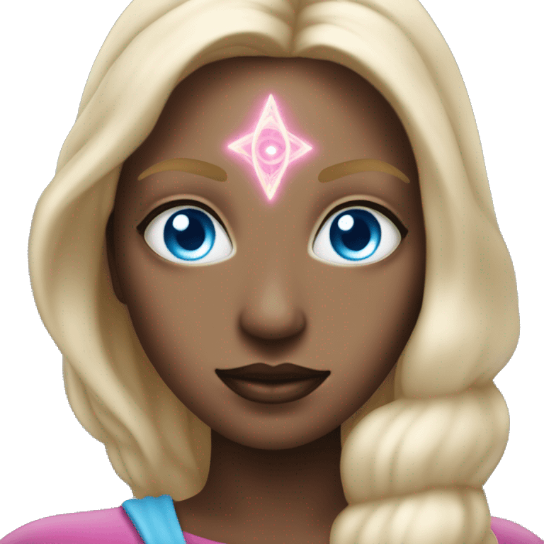 magical diva with thin pink andromedan face long blonde hair and blue eyes glowing third eye emoji