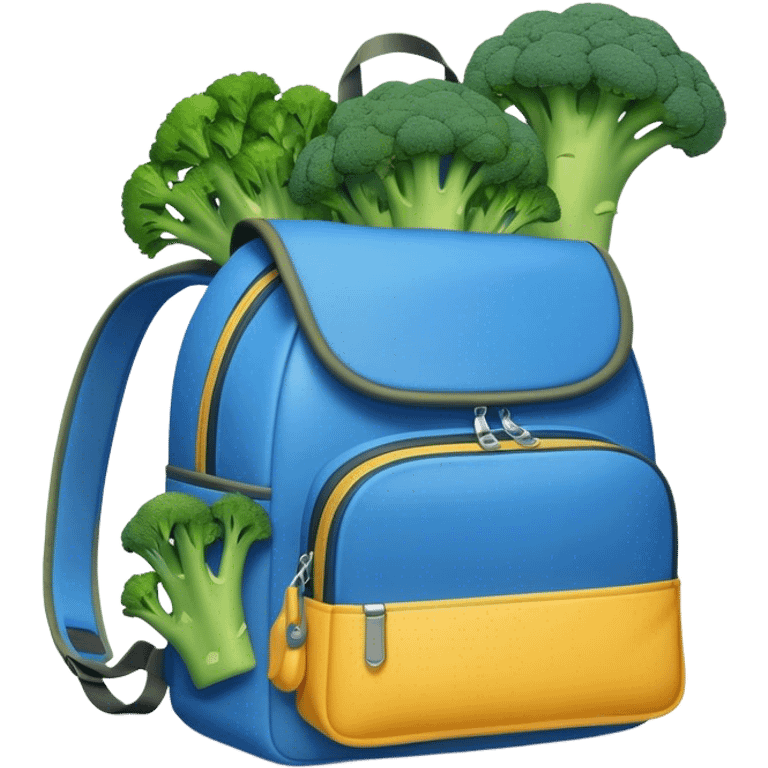 A Big Blue backpack with broccoli falling out emoji