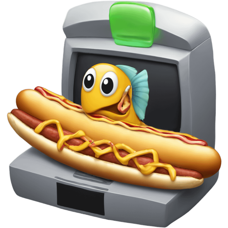 Fish eating a hotdog in a gaming pc emoji