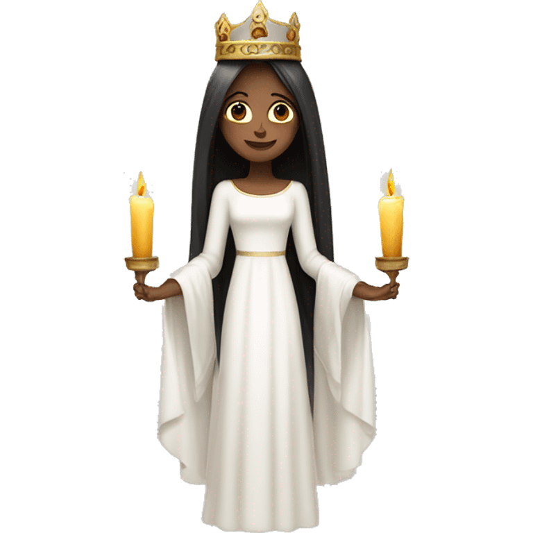 lucia with candles in her lucia crown with dark long hair and a white long sleeved gown emoji