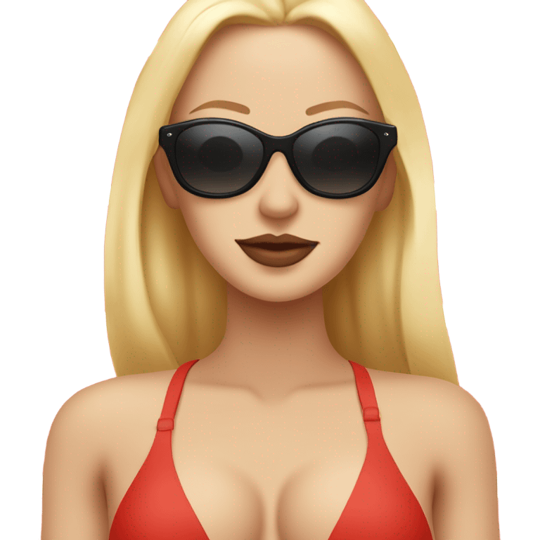 A red and sunburned nordic woman bikini line with blond hair and big black Chanel sunglasses  emoji