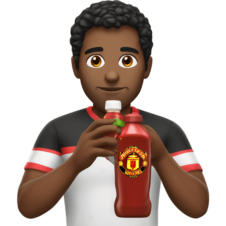 Man with Manchester United jersey brown skinned toned black hair drinking a bottle of ketchup emoji