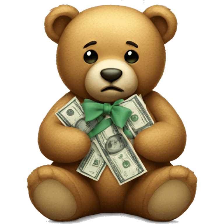 Sad teddy bear with bow holding money emoji