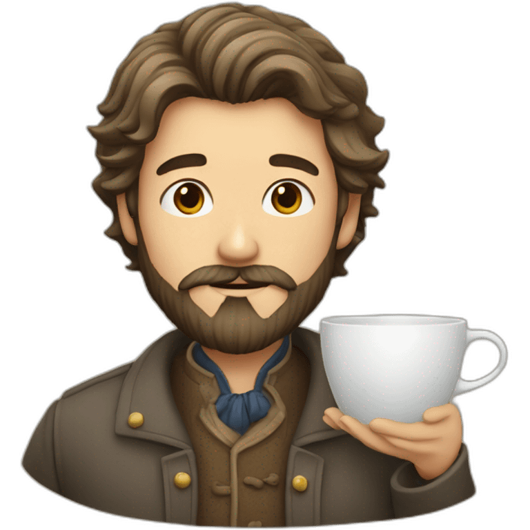 a man with beard drinking tea with a beautiful cup emoji