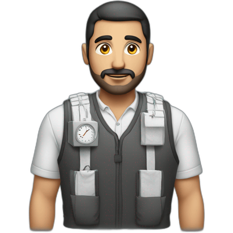 arab man in large bulky vest with electrical wires connecting pockets and a analog clock emoji