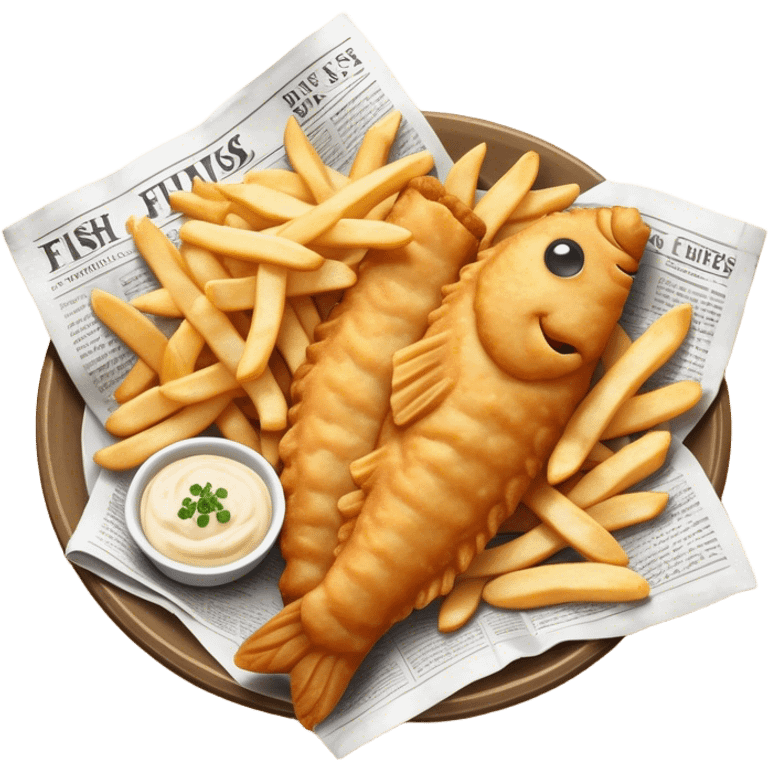 Fish and Chips Cinematic Realistic Fish and Chips Dish Emoji, depicted as a crispy battered fish fillet and golden chips served in traditional newspaper wrapping, rendered with lifelike textures and warm natural lighting that captures its iconic British street food charm  . emoji