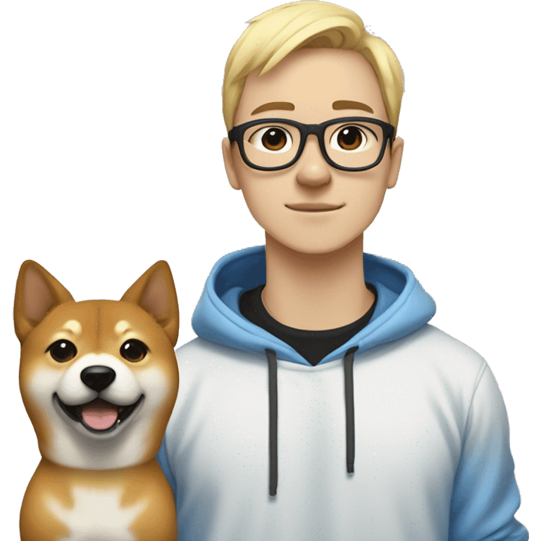 A young guy with white ponytail white skin black-framed glasses, a nose piercing, a blue hoodie and a Shiba Inu dog next to him emoji