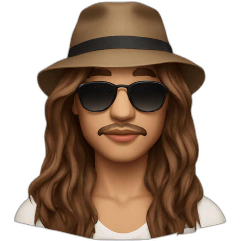 The french singer Lorenzo with this style : long brown hair bucket hat and sunglasses emoji