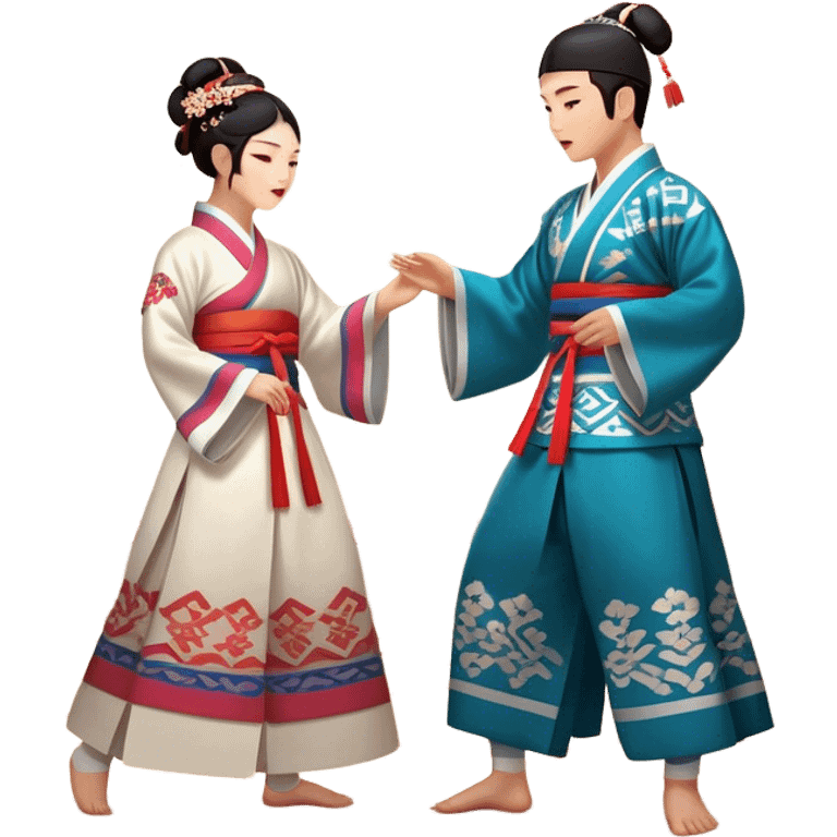 Cinematic Realistic scene of two performers engaging in Ganggangsullae, dressed in traditional Korean costumes with intricate patterns and graceful movements, illuminated by soft, festive lighting that accentuates the cultural ambiance emoji