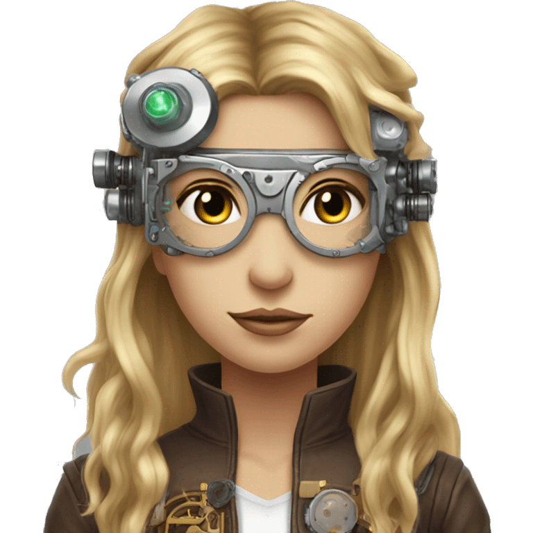 Brown long hair with blonde steaks female cyborg head, fair skin, steampunk goggles and circuits emoji