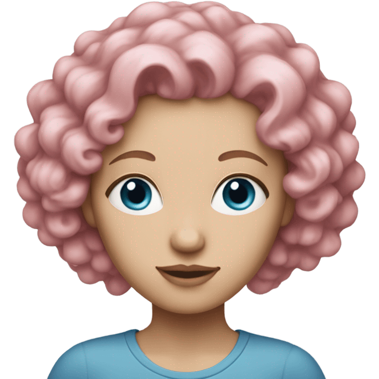 Pale white woman with blue eyes and pink curly hair emoji