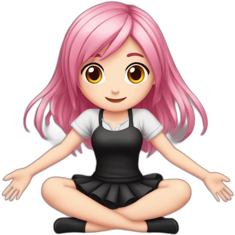 Full body Front view curvy emo girl pink hair sits on the floor straight view hands up black skirt полосатые рваные чулки emoji