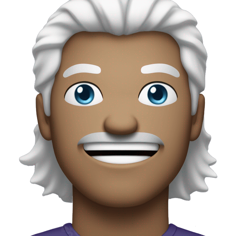 guy with white hair and blue eyes. hair is scrambled and background is darkish purple. no facial hair. angry but laughing emoji