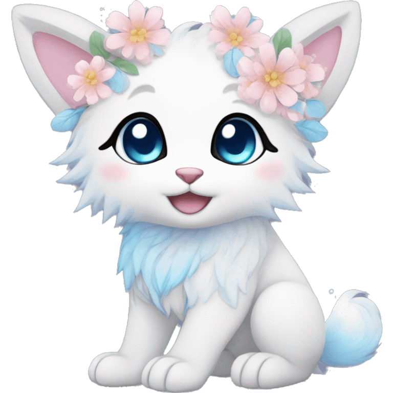 Anthro Cute Cool Kawaii gorgeous sparkly ethereal fantasy animal creature with blue eyes furry sona with flowers beautiful aesthetic emoji