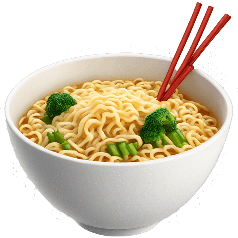 ramen noodles in a white bowl with chopsticks and vegetables  emoji