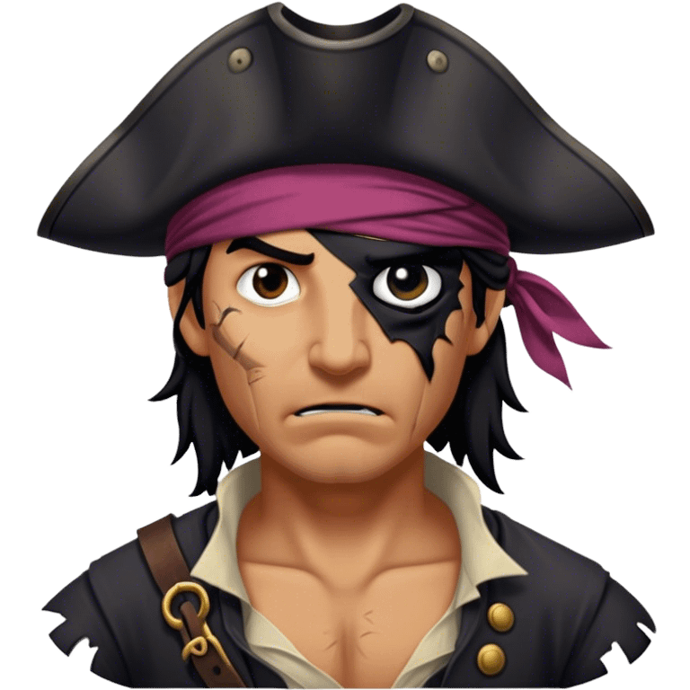 A battle-worn pirate with tangled black hair, a torn eye patch, and a deep scar running down his cheek emoji