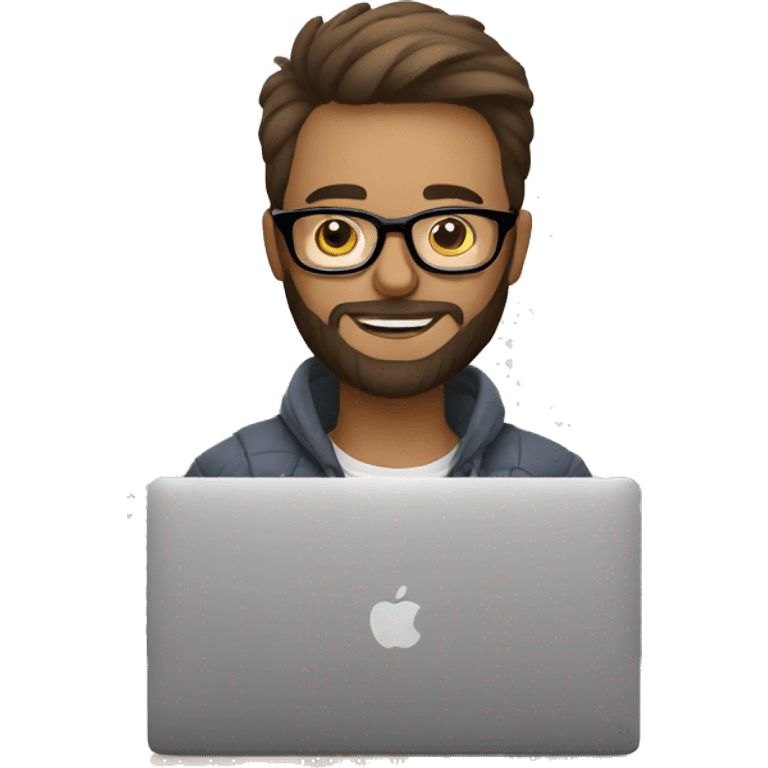 Designer with short hair, beard and glasses working with MacBook and drinking cappuccino emoji