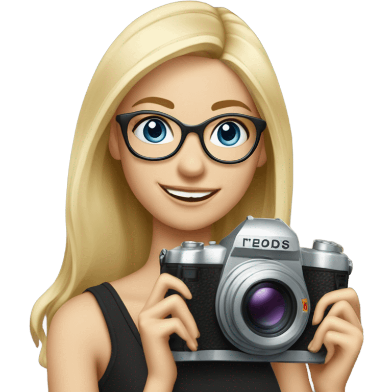 Elegant real blonde girl with glasses smiling blue eyes taking pictures with a camera  emoji