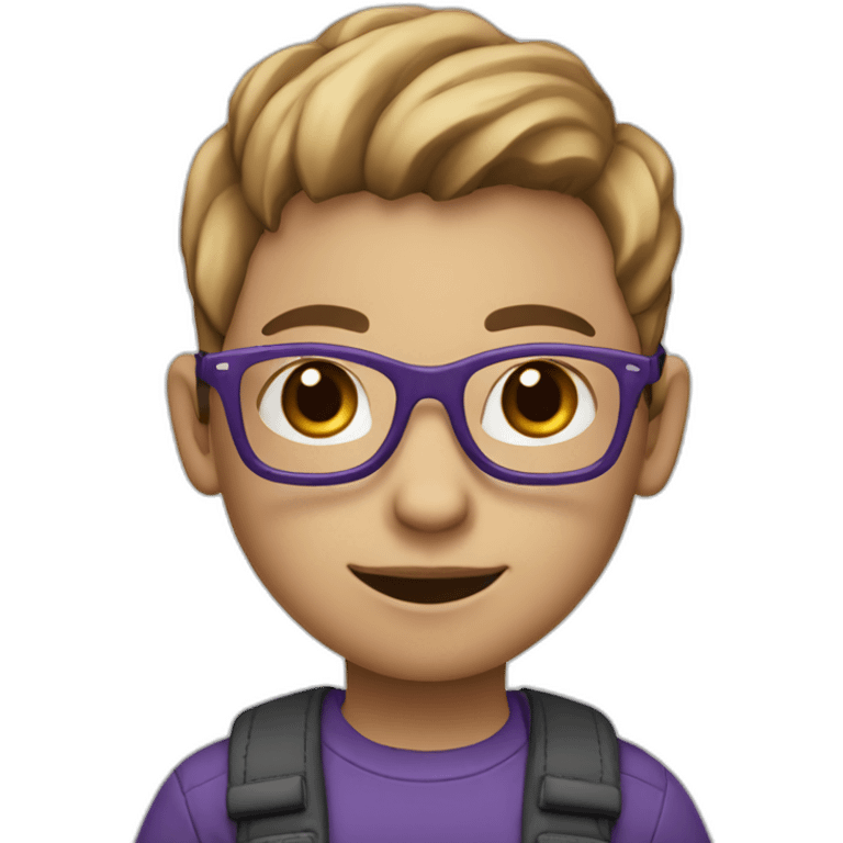 Child with black glasses ,a jeans and purple trousers with light Brown hair and a white skin color emoji