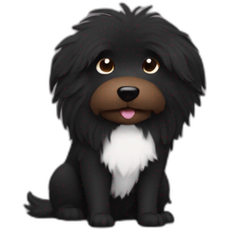 From the front, Sitting Hairy Black dog with white circle with more hair in face and brown eyes emoji