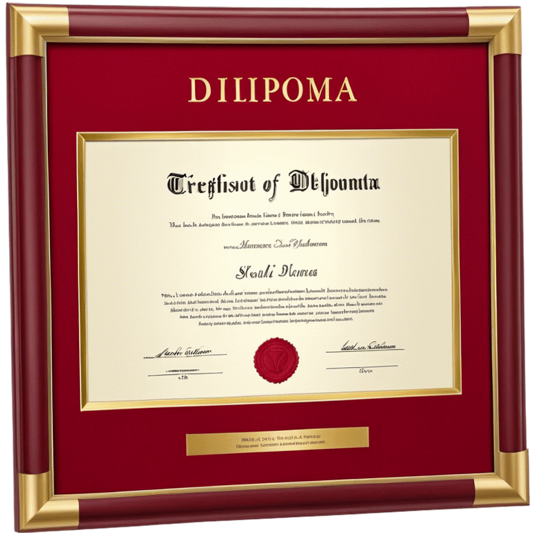  prestigious red diploma cover with gold embossed text on the front. The cover is slightly open, revealing a white certificate inside. The gold lettering glows subtly, giving it an elegant and official look. The diploma is placed at a slight angle for a professional appearance. The background is plain white emoji