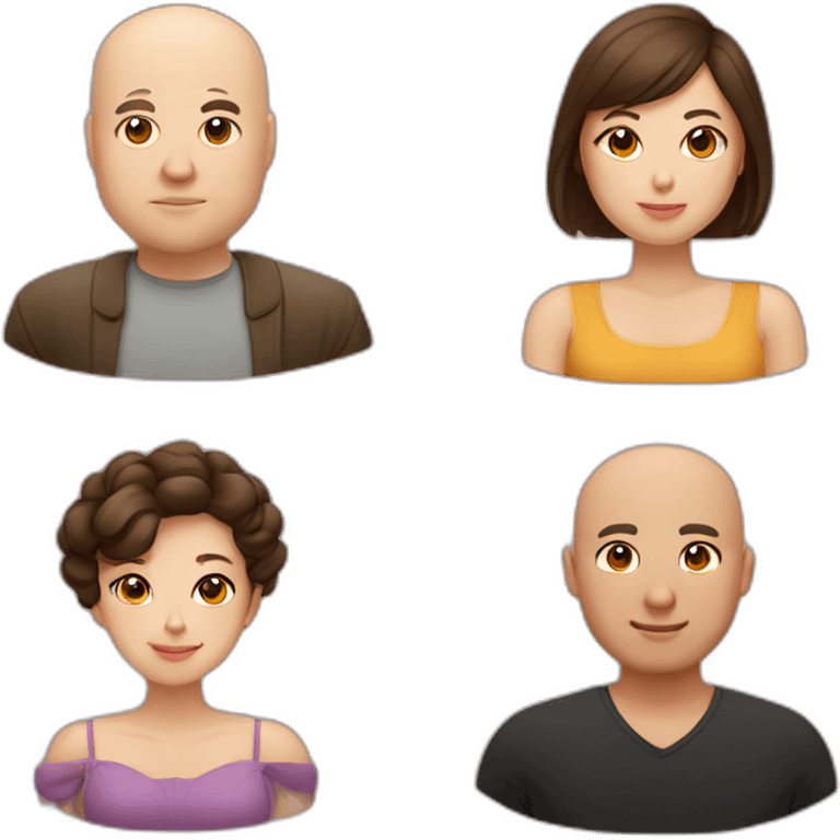 4 friends. A Chinese lady, bald man, a fat man, and a brown hair lady emoji