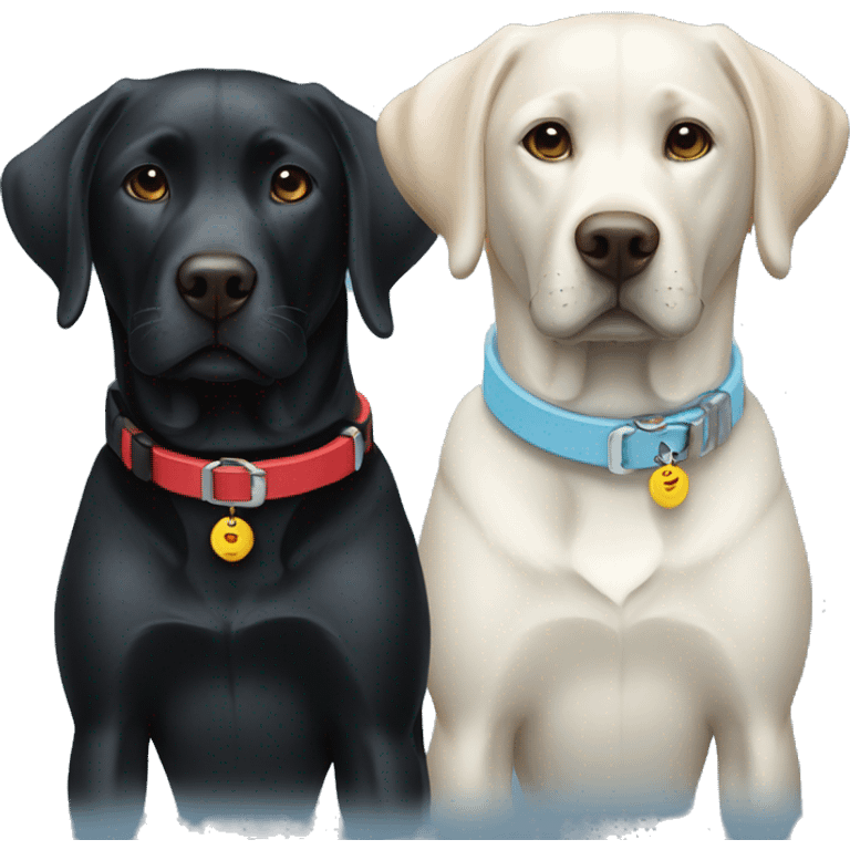 black labrador on the left with red collar, black labrador on the right with light blue collar. emoji