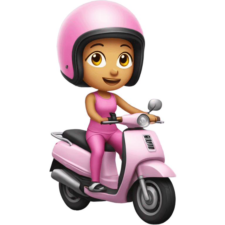 girl in helmet riding moped, wearing pink leggings and top emoji