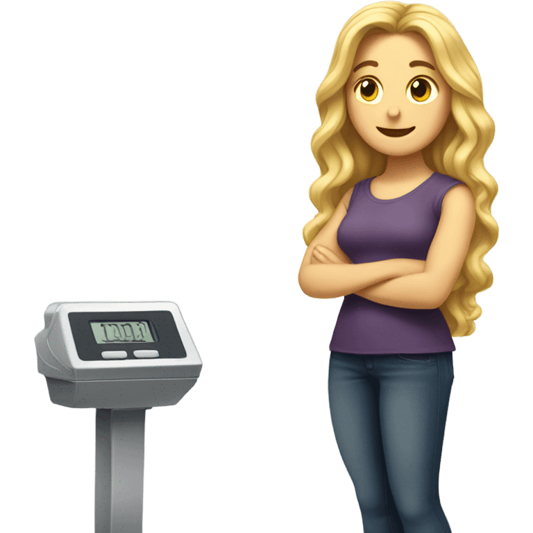 White woman, long hair, blonde hair, wavy hair, standing on scale, weight loss emoji