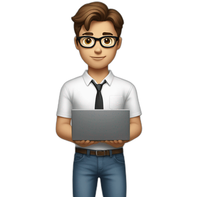 front view of young clark kent wearing white t-shirt using a laptop emoji