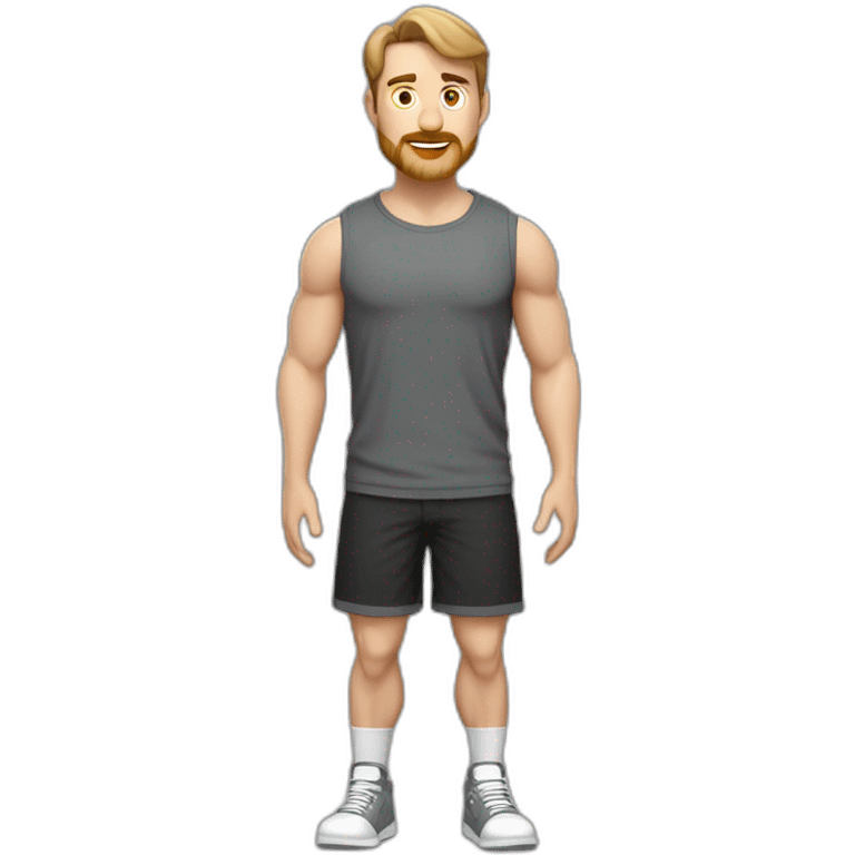 Full height Pale skinned muscular man With Realistic eyes and mouth, light brown hair and stubble In dark gray sleeveless mike, black oversize sports shorts, watch and white sneakers. emoji