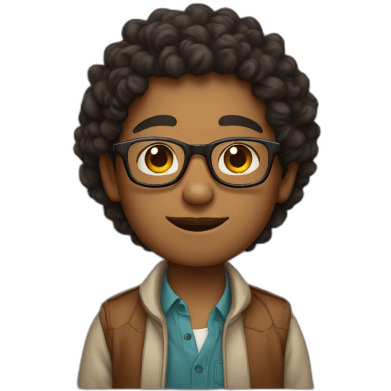 Boy with indian skin and square rounded glasses curly hair emoji