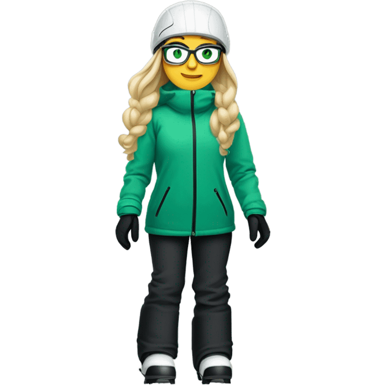 Green-eyed, fat female skier with long straight blonde hair, glasses, white ski helmet, gray snow jacket, green ski gloves, long black pants, black only snow boots standing tall. emoji