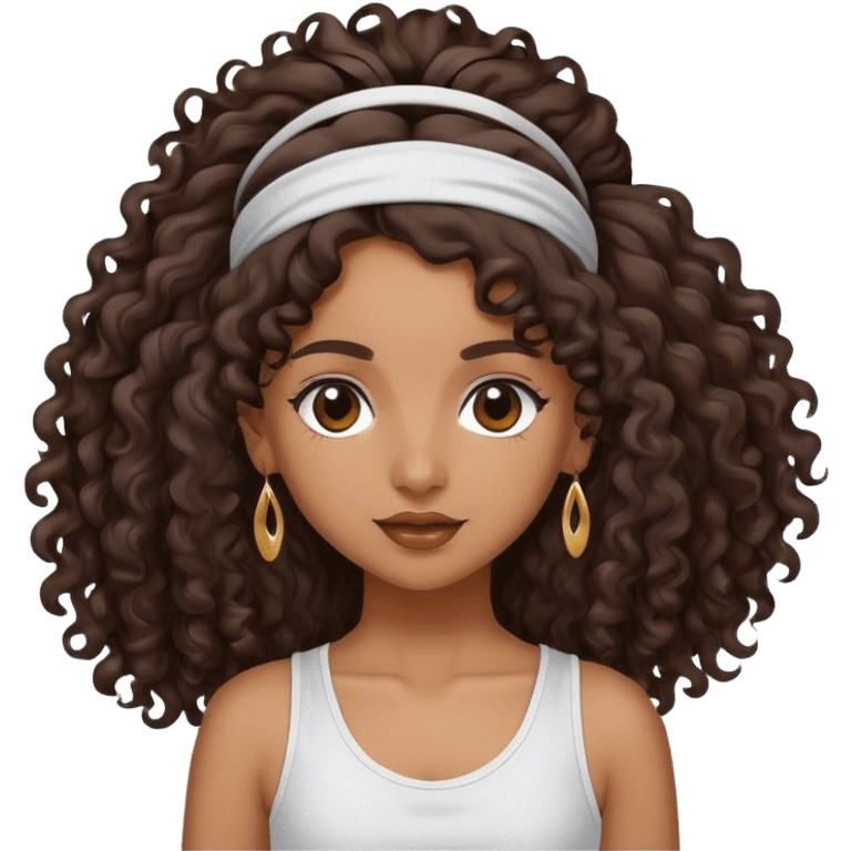 Dancing brown girl with long darn brown curly hair with headband hip hop emoji