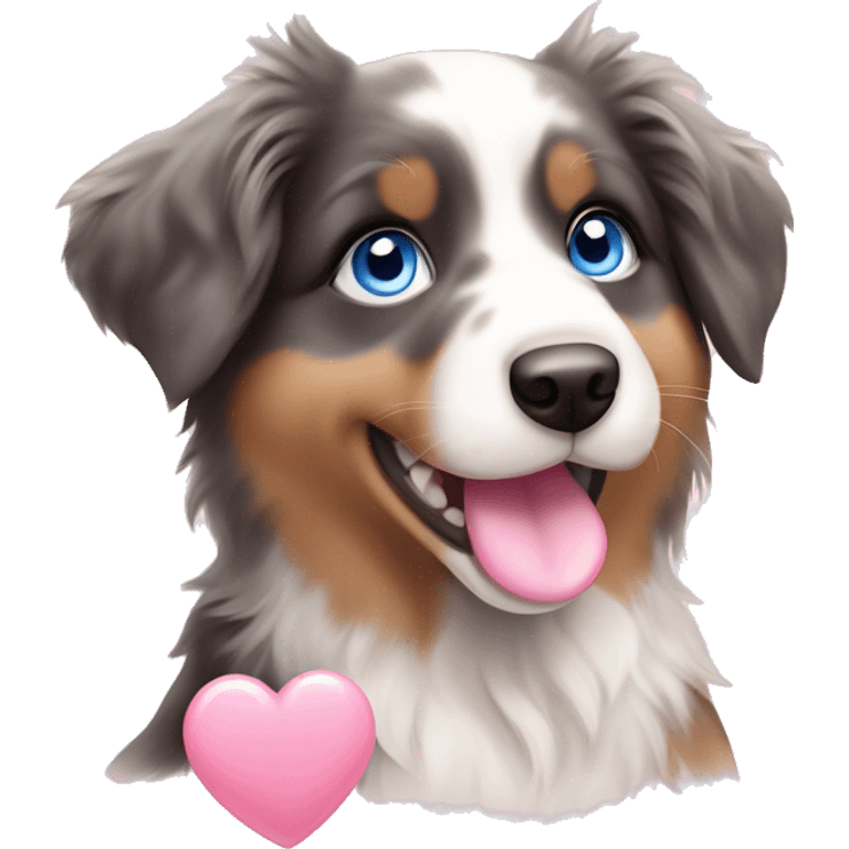 australian shepherd puppy with cute blue eyes holding a light pink heart in it mouth emoji