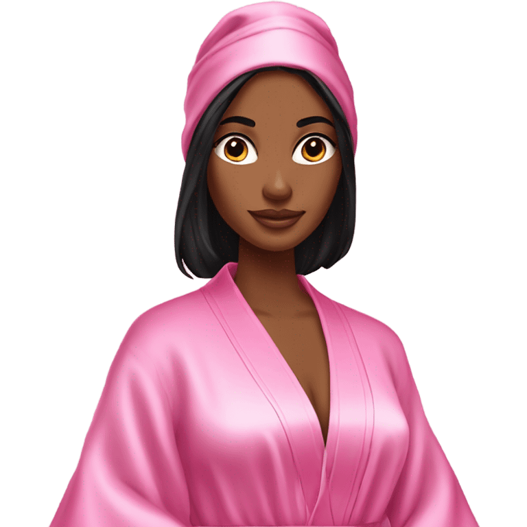 Tanned woman with long black hair wearing a silk pink Victoria’s Secret robe emoji