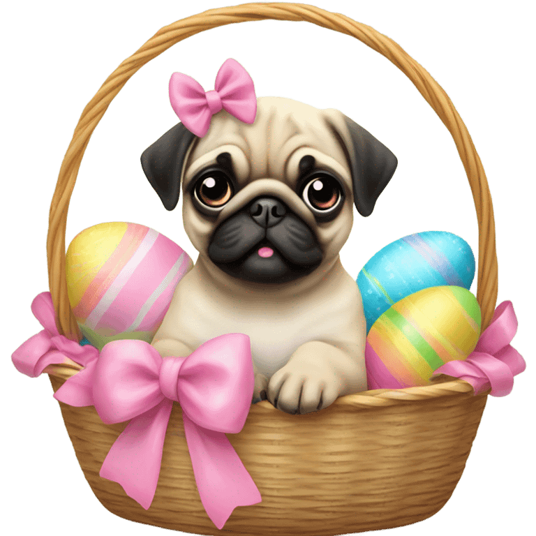 Baby pug with big pink
eyes wearing a pink bow sitting in an Easter basket  emoji