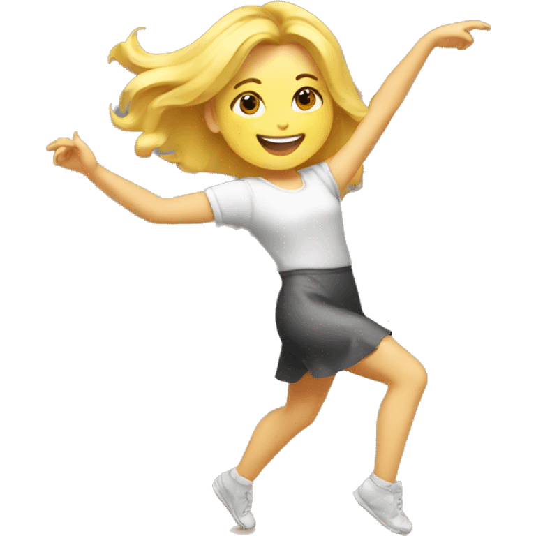 A blonde artist girl painting a picture quite happily and dancing emoji