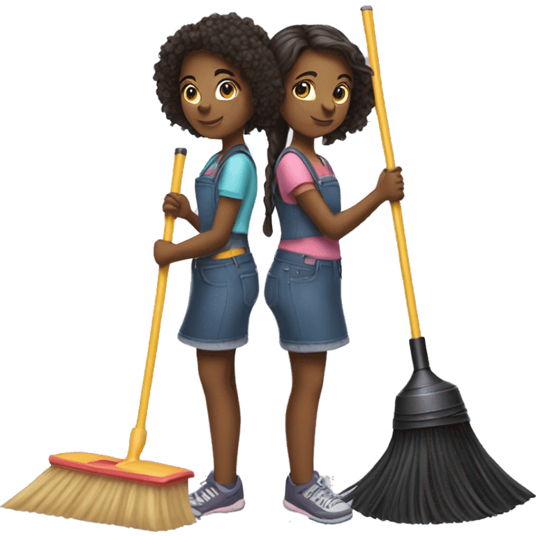 Two girls standing back to back holding vacuums and brooms emoji